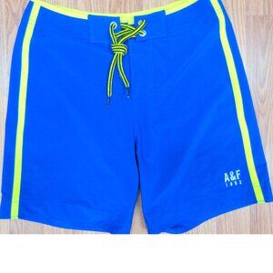 ABERCROMBIE & FITCH UNLINED SWIM SHORTS POLY/SPANDEX BLUE &NEON YELLOW SMALL, S